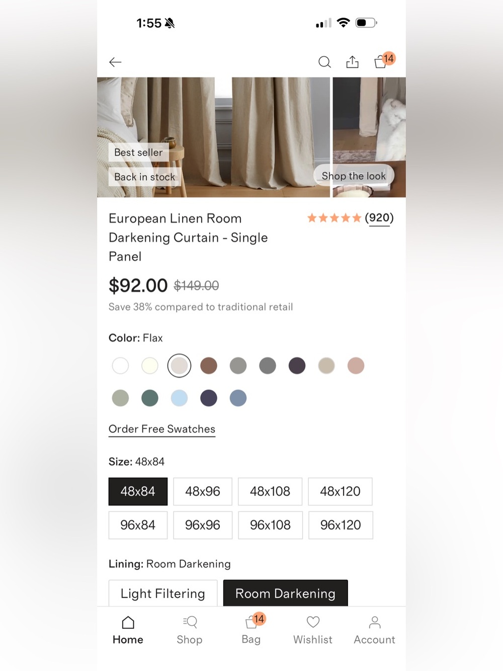 NWOT 48x84 European Linen Room Darkening Curtain Set in Flax - Retail $184 set - Picture 5 of 5